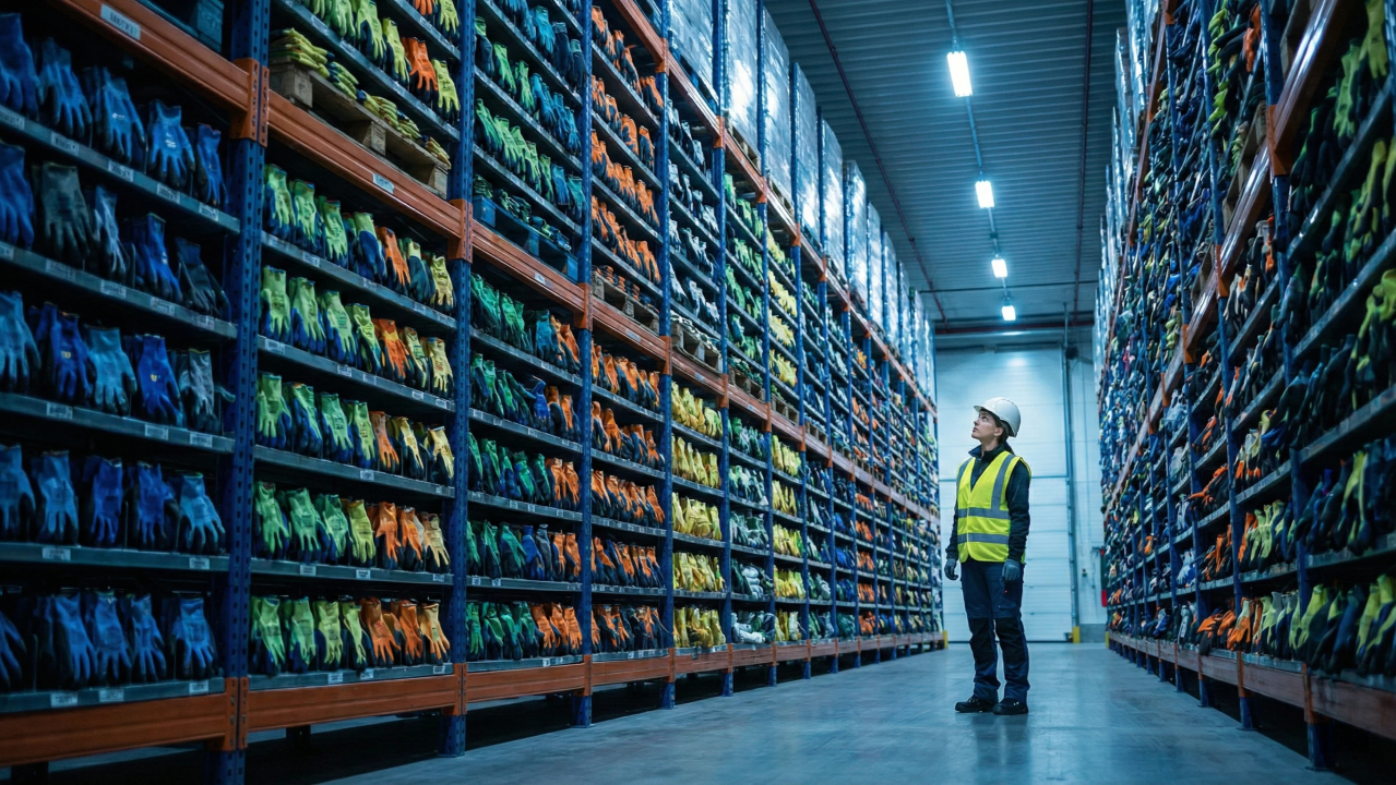 A warehouse worker in a safety vest looks up at tall shelves stocked with hundreds of colorful work gloves in an industrial warehouse aisle.