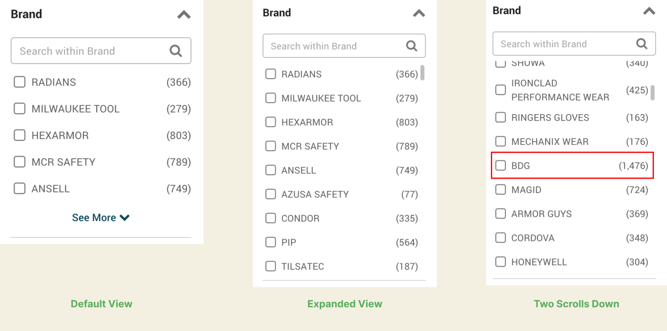 Three views of the Brand filter showing default view, expanded view, and two scrolls down where BDG with 1,476 products finally appears, highlighted with a red box.