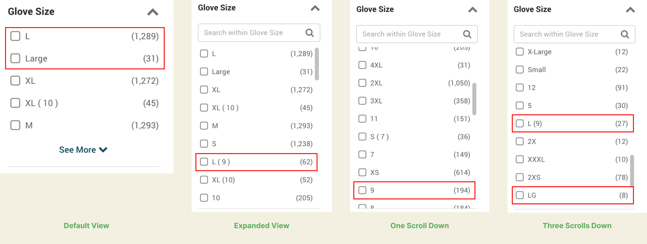 Four views of the Glove Size filter showing L and Large as separate values, plus L(9), 9, and LG appearing in different scroll positions, each highlighted with red boxes.