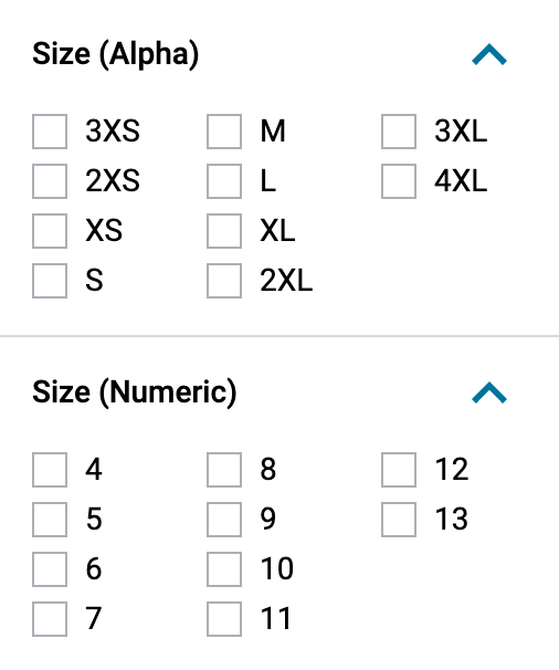 Grainger's size filter interface showing two separate filter groups: "Size (Alpha)" with standardized values from 3XS to 4XL, and "Size (Numeric)" with values from 4 to 13.