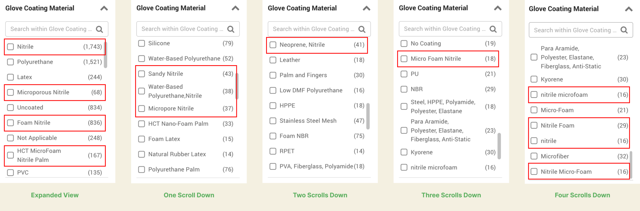 Five views of the Glove Coating Material filter showing 13 different nitrile-related values across multiple scroll positions, including Nitrile, nitrile, Foam Nitrile, Nitrile Foam, Microporous Nitrile, and Micropore Nitrile, each highlighted with red boxes.