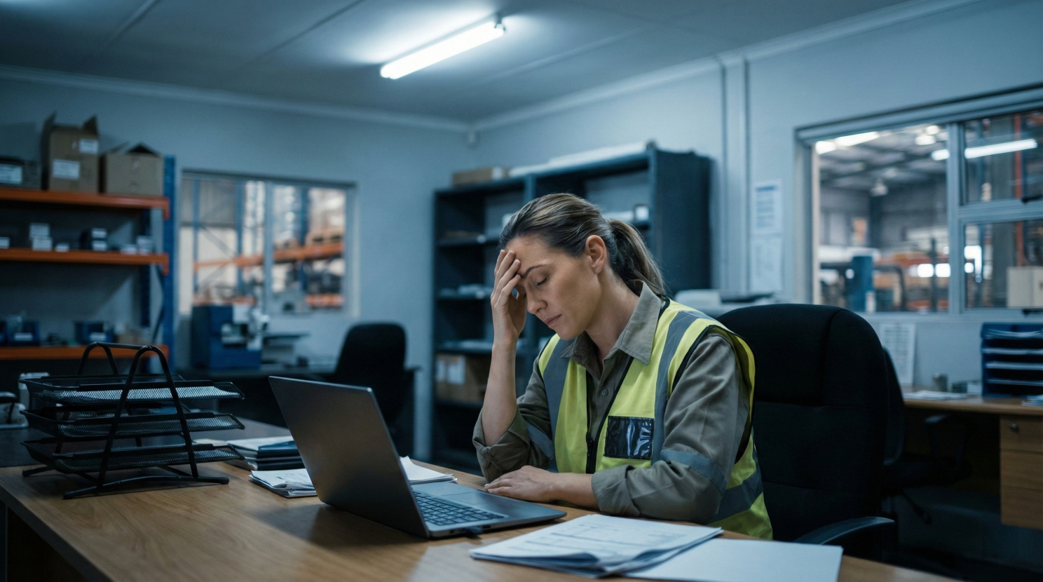 A maintenance supervisor in a safety vest sits at a desk with her hand on her forehead in frustration, looking at a laptop, in an industrial office setting.