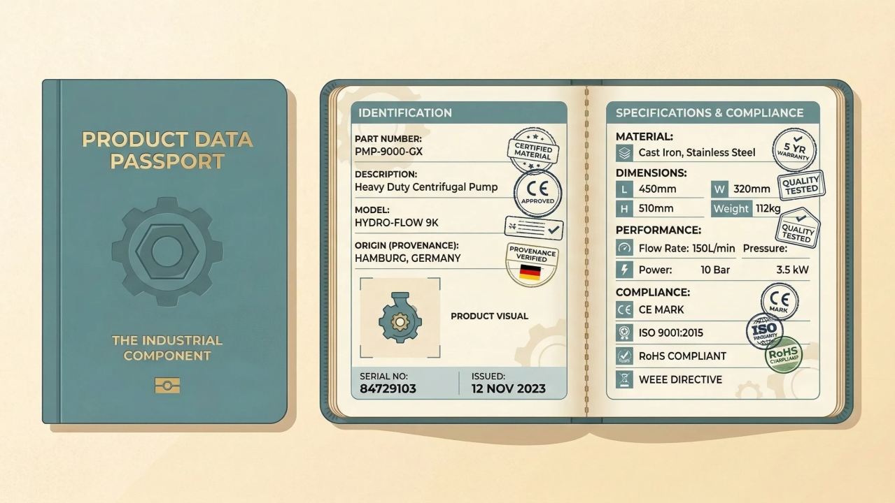 An open product data passport booklet showing structured product attributes, compliance badges, and verification timestamps on a cream background.