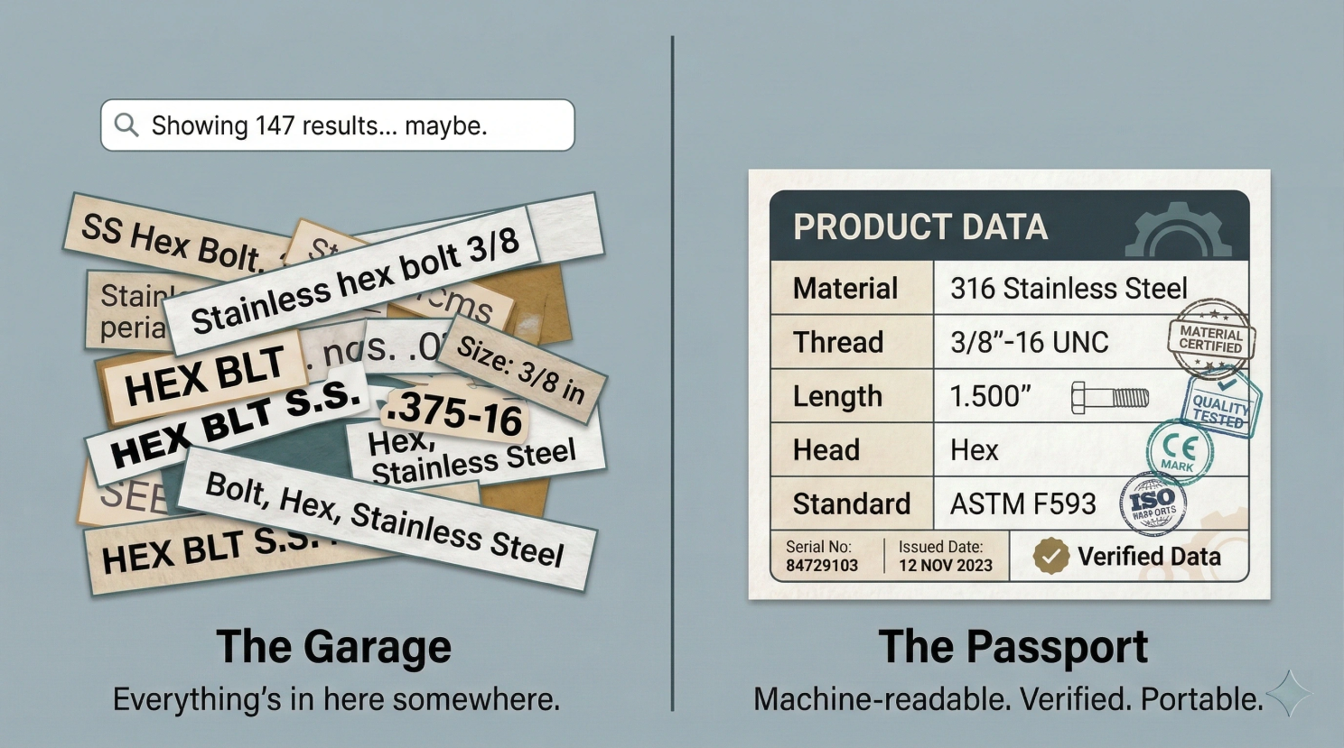 Split comparison image. The left side shows a chaotic cluster of overlapping product labels with conflicting descriptions of the same hex bolt — different abbreviations, formats, and naming conventions. The right side shows a single clean product data card with normalized, labeled attribute fields and a verification badge.
