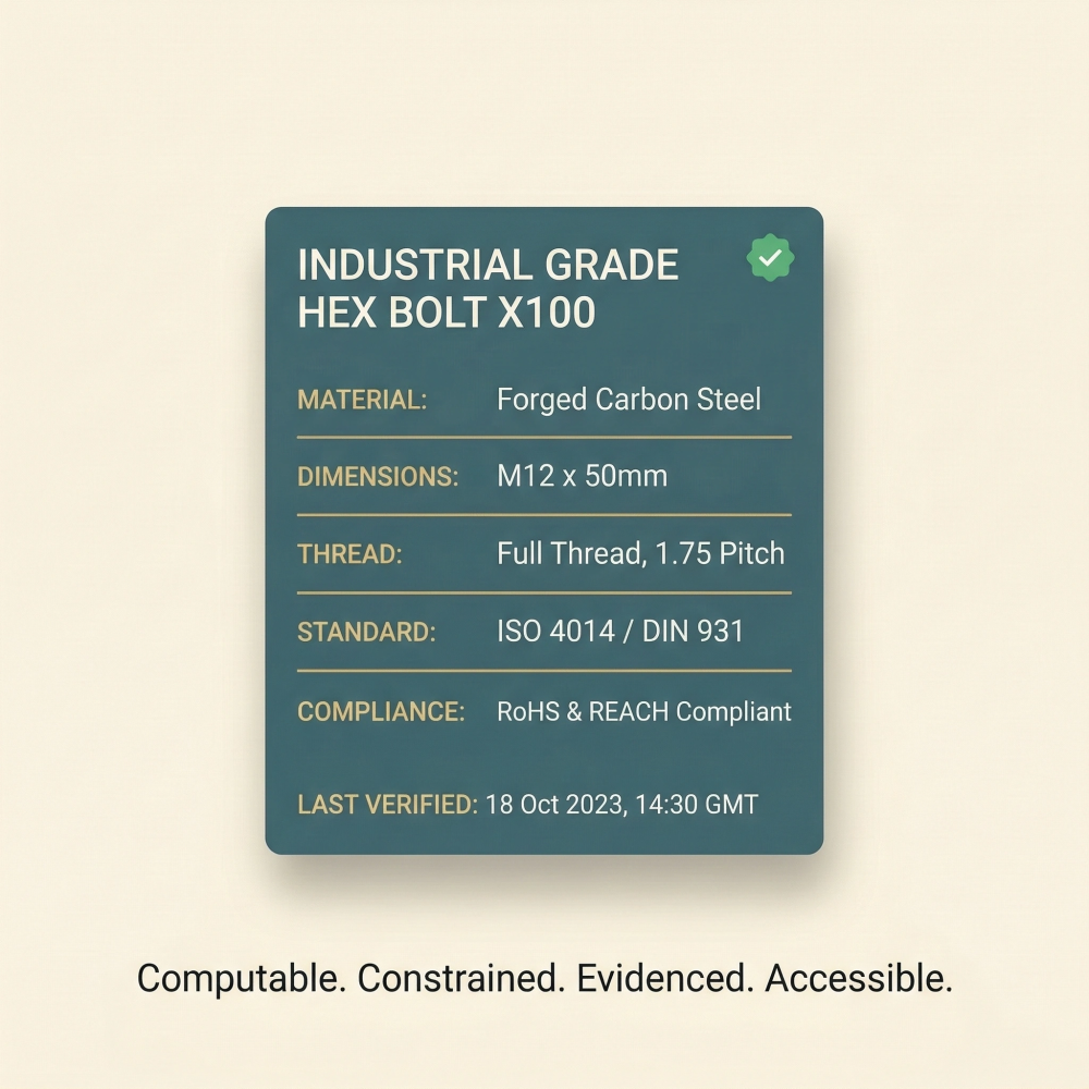 A single clean product data card on a cream background showing a well-structured product entry with labeled attribute fields for material, dimensions, thread, standard, and compliance. A verification badge and last-verified timestamp are visible. Below the card, text reads: Computable. Constrained. Evidenced. Accessible.