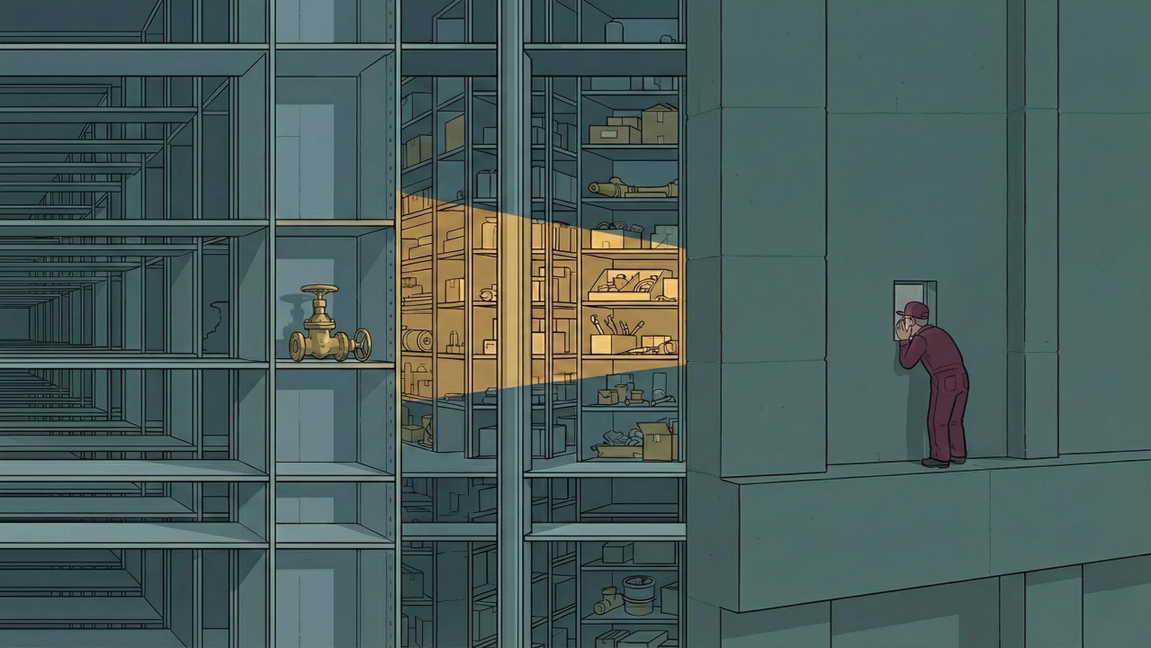 A worker peers into a vast dark warehouse, a beam of light revealing organized shelves while the surrounding inventory remains hidden in shadow.