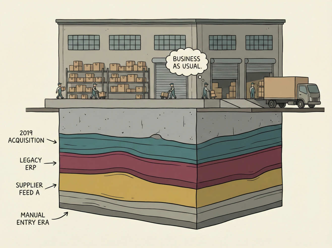 Cross-section of a warehouse showing geological strata beneath the foundation. Layers are labeled "2019 Acquisition," "Legacy ERP," "Supplier Feed A," and "Manual Entry Era." Above ground, workers move boxes under a thought bubble reading "Business as usual.
