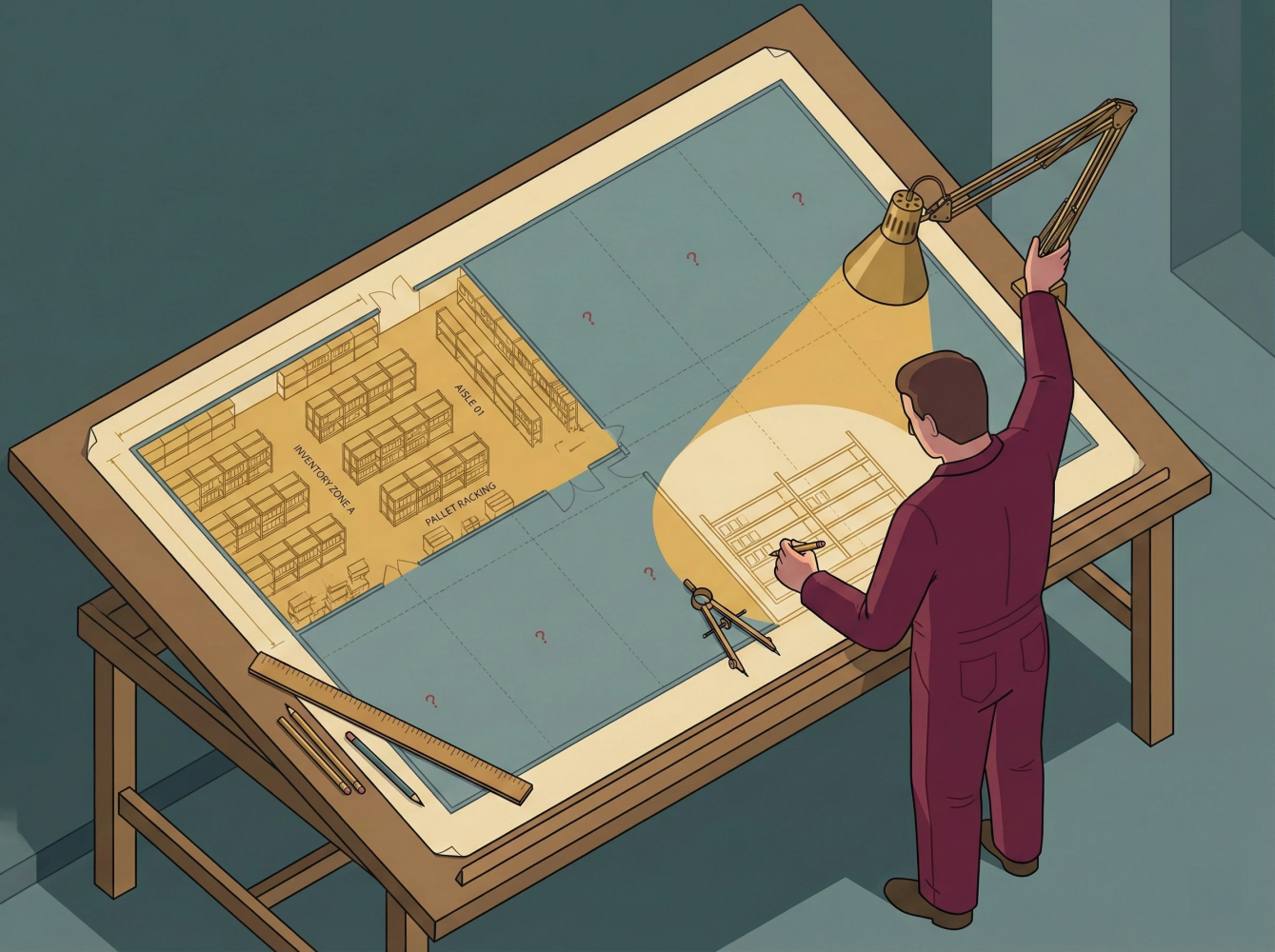 A worker at a drafting table adjusts a desk lamp over warehouse blueprints. The illuminated portion shows detailed shelving; the shadowed area is scattered with question marks.