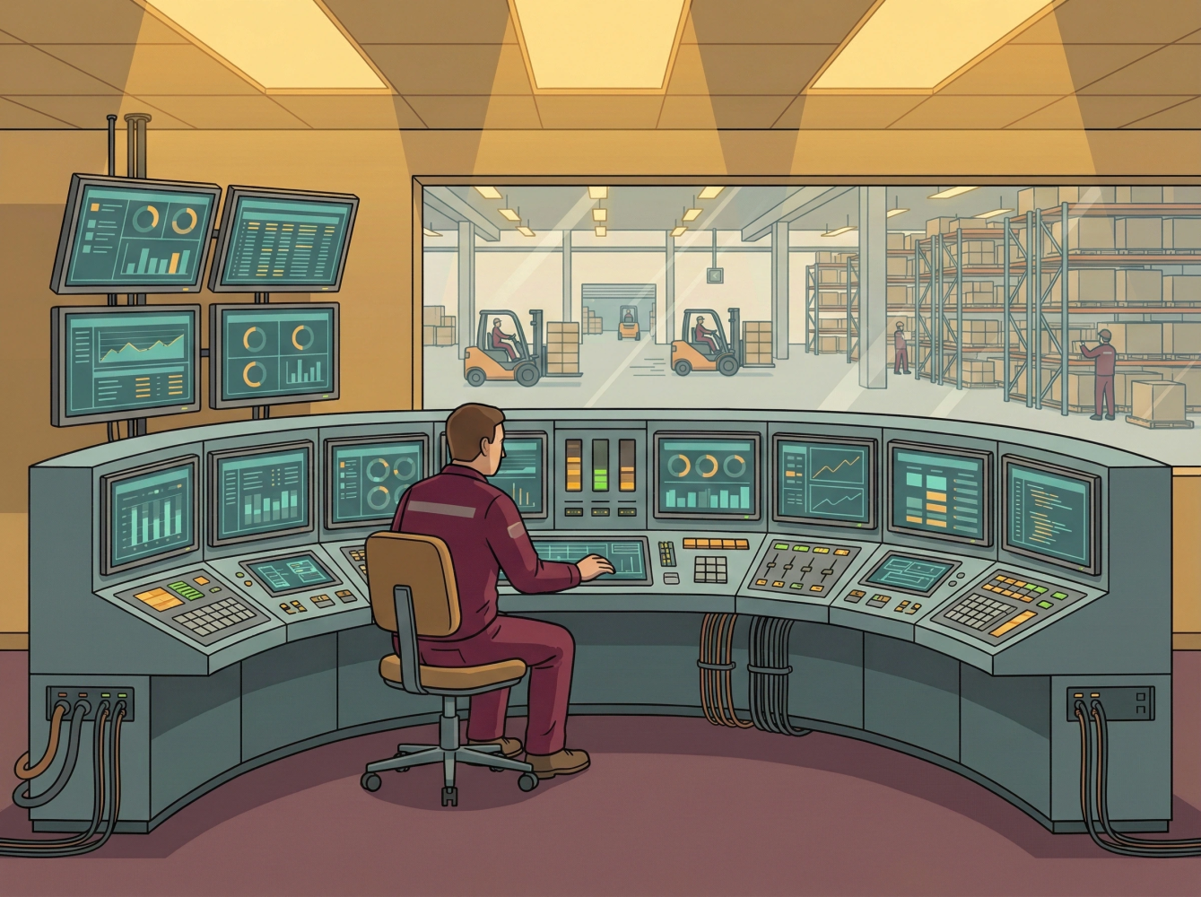 A worker sits at a curved control console with multiple monitors displaying dashboards and metrics. Through a large window, they observe the full warehouse floor with forklifts in motion.