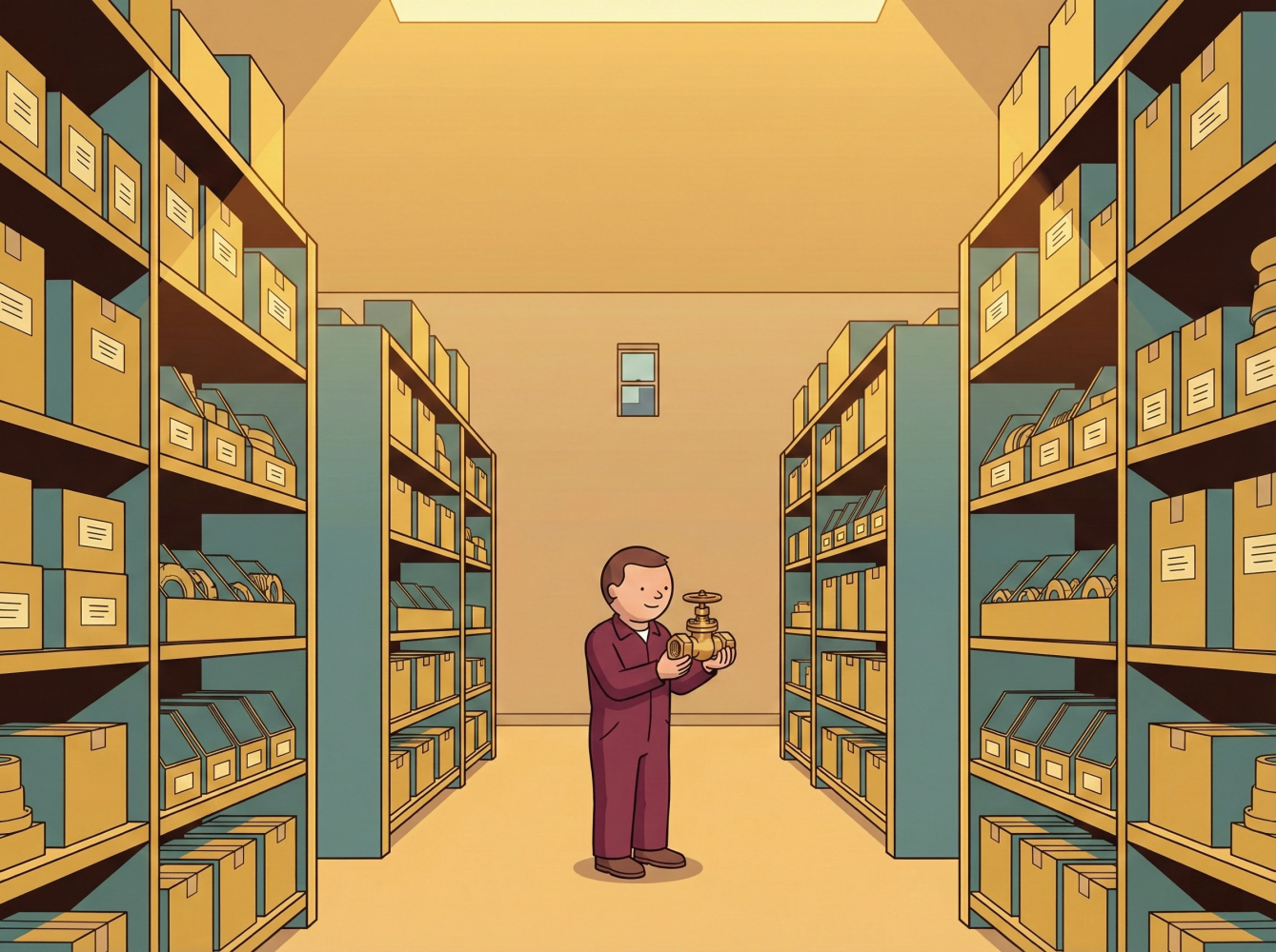 A worker stands in a well-lit warehouse aisle surrounded by neatly organized shelves, holding a brass ball valve and examining it with satisfaction.