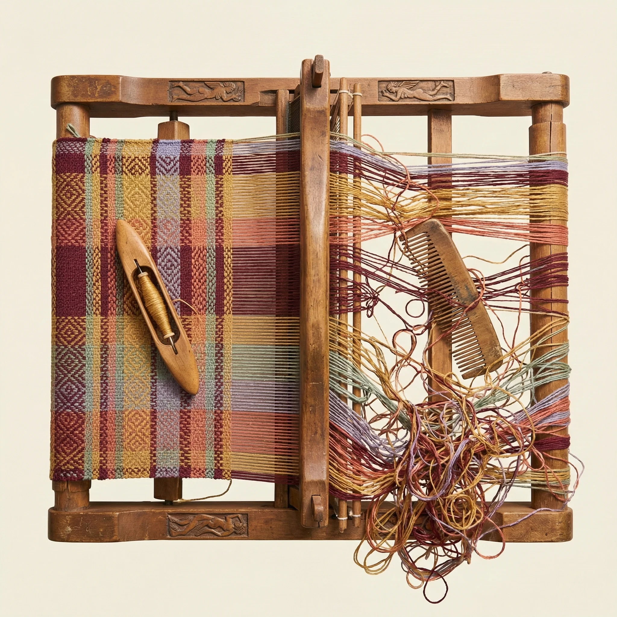 A wooden loom showing ordered woven fabric emerging from tangled threads—a visual metaphor for transforming chaotic data into structured systems